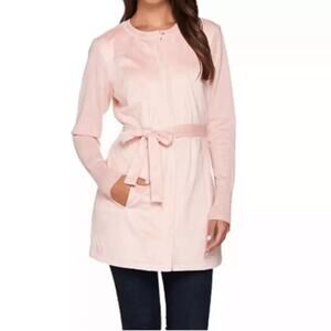 H by Halston Pink Faux Suede Zip Jacket Size 16 Belt Long Knit Sleeves
